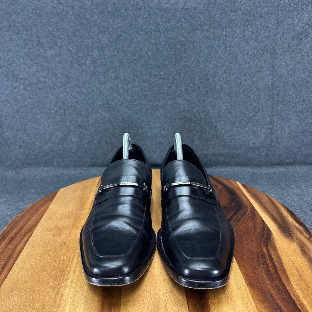 Hugo Boss Mens Black Leather Square Toe Bit Horsebit Loafers Dress Shoes Size 8 - Picture 3 of 12